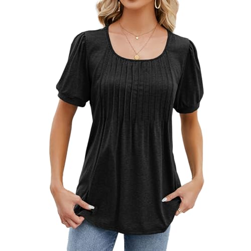 Boikey Bluse Damen Kurzarm Elegant T-Shirts Rundhalsausschnitt Blumen Falten Sommer Oberteile Locker Lässig Rundhalsblusen Puffärmel-Tunika Tops von Boikey