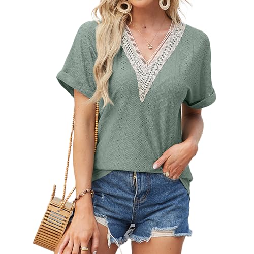 Boikey Bluse Damen Sommer Kurzarm V-Ausschnitt mit Spitze Tshirt Tunika Oberteile Elegant Tops Loose Casual für Damen (M, Grün) von Boikey
