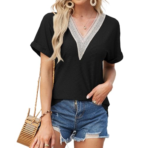 Boikey Bluse Damen Sommer Kurzarm V-Ausschnitt mit Spitze Tshirt Tunika Oberteile Elegant Tops Loose Casual für Damen (XXL, Schwarz) von Boikey