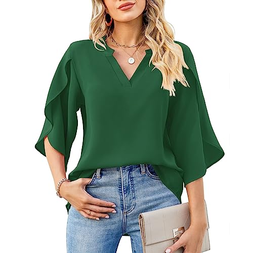 Boikey Damen Bluse Elegant V-Ausschnitt 3/4 Arm Lässige Chiffon Lose Batwing Kurzarm Ärmel Leichte Fließende Bluse Blusen mit Rüschenärmel Tunika Tops S-XXL (M, Grün) von Boikey