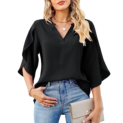 Boikey Damen Bluse Elegant V-Ausschnitt 3/4 Arm Lässige Chiffon Lose Batwing Kurzarm Ärmel Leichte Fließende Bluse Blusen mit Rüschenärmel Tunika Tops S-XXL (M, Schwarz) von Boikey