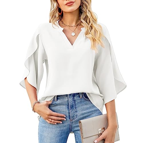 Boikey Damen Bluse Elegant V-Ausschnitt 3/4 Arm Lässige Chiffon Lose Batwing Kurzarm Ärmel Leichte Fließende Bluse Blusen mit Rüschenärmel Tunika Tops S-XXL (M, Weiß) von Boikey