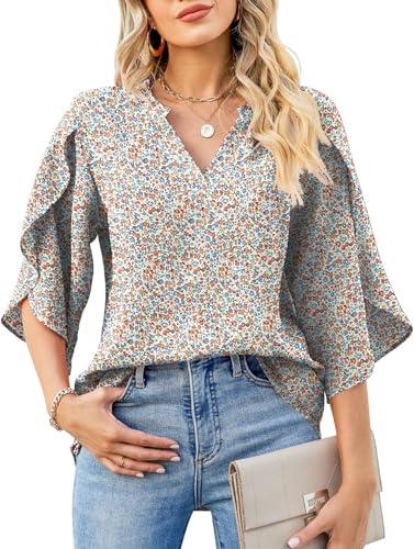 Boikey Damen Bluse Elegant V-Ausschnitt 3/4 Arm Lässige Chiffon Lose Batwing Kurzarm Ärmel Leichte Fließende Bluse Blusen mit Rüschenärmel Tunika Tops S-XXL (XL, Floral Weiß) von Boikey