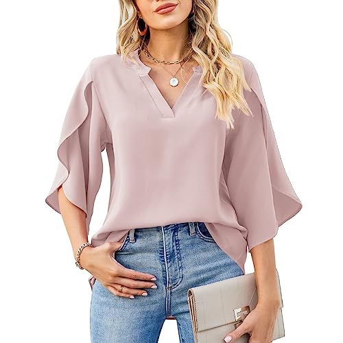 Boikey Damen Bluse Elegant V-Ausschnitt 3/4 Arm Lässige Chiffon Lose Batwing Kurzarm Ärmel Leichte Fließende Bluse Blusen mit Rüschenärmel Tunika Tops S-XXL (XL, Rosa) von Boikey
