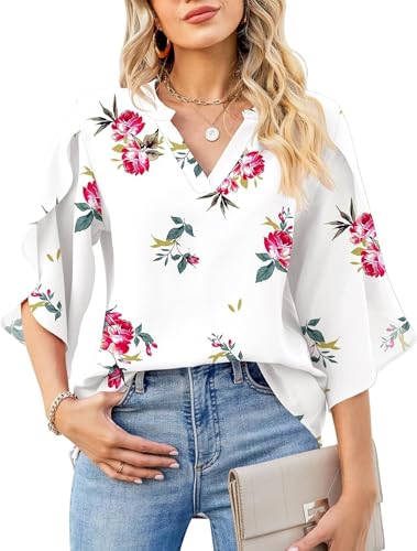 Boikey Damen Bluse Elegant V-Ausschnitt 3/4 Arm Lässige Chiffon Lose Batwing Kurzarm Ärmel Leichte Fließende Bluse Blusen mit Rüschenärmel Tunika Tops S-XXL (XXL, Pfirsich Weiß) von Boikey