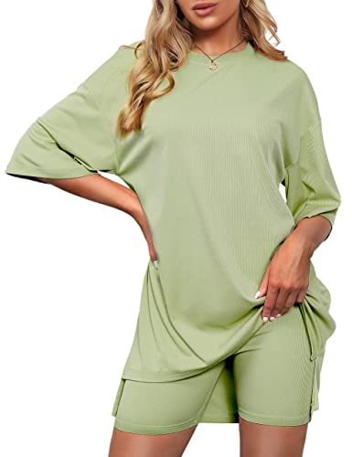 Boiltcat Zweiteilige Outfits für Frauen, Sommer, lässig, übergroß, gerippt, gestrickt, T-Shirt, Tops + Biker-Shorts, Trainingsanzug, 2-teiliges Set, Hellgrün, Medium von Boiltcat