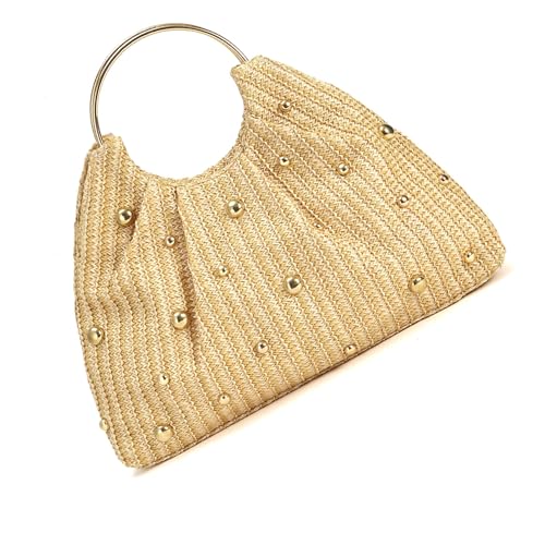 Bokcztml Auffällige Strohtasche mit Perlendetails und rundem Griff, geräumige Innenhandtasche, bequem, für den täglichen Gebrauch, leichte PP-Strohtasche für Damen von Bokcztml