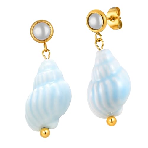 Elegante Ohrringe aus Edelstahl mit Perlen und Keramikakzenten, leichter Statement-Schmuck für Frauen, trendige Muschelförmige Tropfenohrringe von Bokcztml