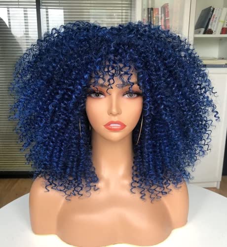 14 in Perücken Kurzes Haar Afro Kinky Curly Perücken mit Pony für schwarze Frauen Synthetische Natürliche Kleberlos Gemischte Blaue Tägliche Perücke Cosplay Fluffy Bouncy Spiral Curl Party Frisur von Bokerom