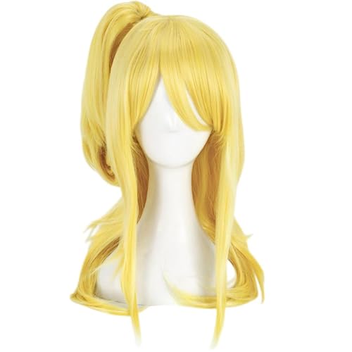 Anime FAIRY TAIL Cosplay Perücke, Lucy Heartfilia Goldene Lange Haar Perücken Mit Tiger Clip Pferdeschwanz, Rollenspiel Halloween Kostüm Party Perücken Mit Perücke Cap von Bokerom