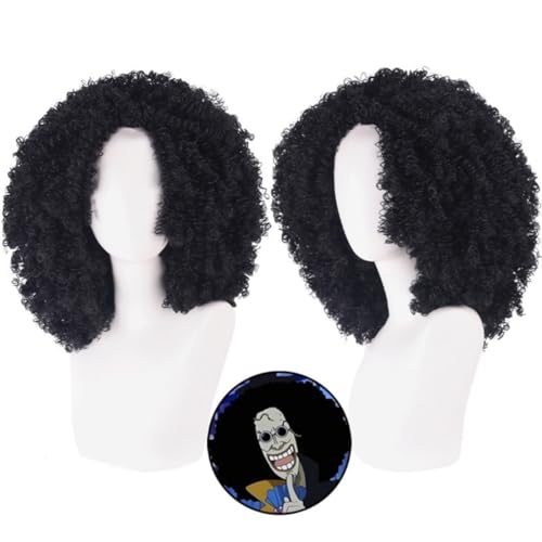 Anime ONE PIECE Burukku Cosplay Perücke, Schwarze Lockige Flauschige Kurze Haare Rollenspiel Halloween Kostüm Party Perücken Mit Perücke Cap von Bokerom