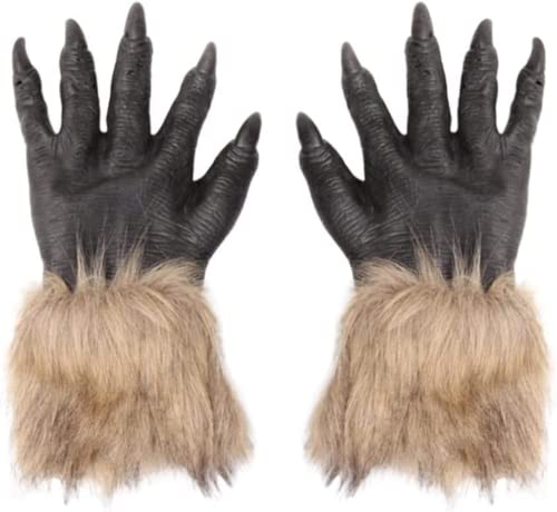 Bokerom Wolf Paw Handschuhe Halloween Kostüm Party Handschuhe grau behaarte Werwolf Kralle Manschetten Hände Monster Tier Hand Pfoten Kostüm Zubehör für Kinder Erwachsene von Bokerom