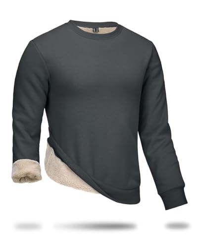 Boladeci Fleece Pullover Herren Sweatshirt ohne Kapuze Rundhals Winter Thermo Weiches Baumwolle Langarmshirts für Männer Pullover Dunkelgrau L von Boladeci