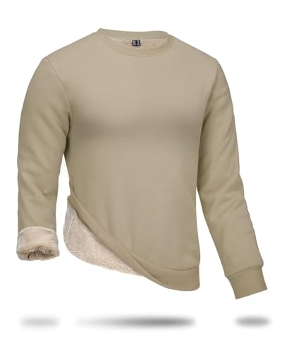 Boladeci Pullover Herren Winter Warm Fleece Gefüttert Sweatshirt ohne Kapuze Rundhals Langarm Thermoshirt Wolle Arbeitspullover Khaki XL von Boladeci