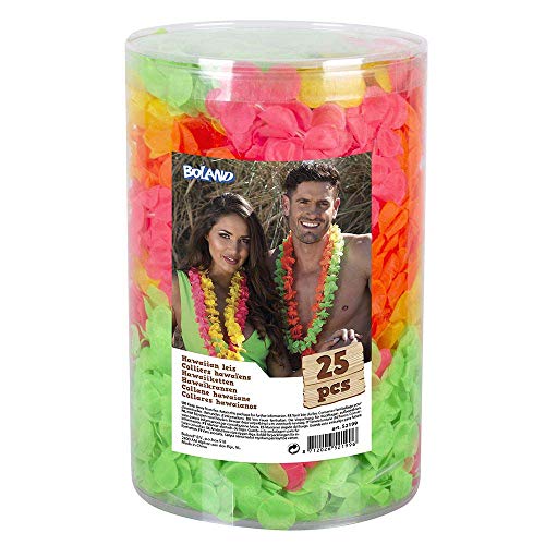 Boland 52199 - Hawaii-Ketten im Set, 25 Stück, Neon, Blumen-Ketten, Sommer, Strand, Garten-Party, Accessoire, Zubehör, Beach-Party, Mottoparty, Karneval von Boland