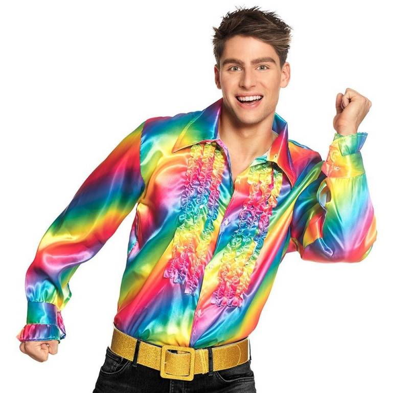 Boland T-Shirt Schlagerstar Rüschenhemd regenbogen 70er Jahre Hemd für die Extraportion Pomp in der Disco von Boland