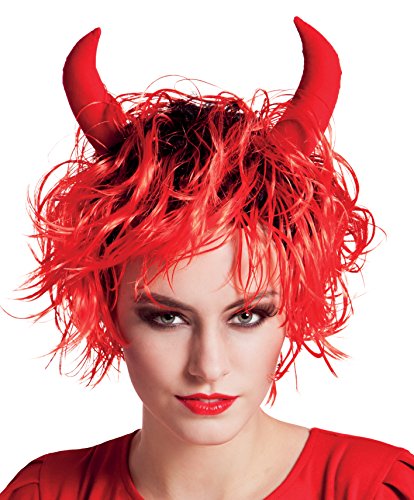 Boland Teufelin Perücke – Mittellang Schwarz/Rot mit Stoffhörnern, Ideal für Kostümpartys & Halloween von Boland
