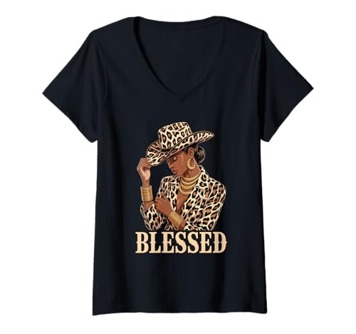Damen Gesegnetes Leopardenmuster Cowgirl Schwarz Frau Mode Damen Herren T-Shirt mit V-Ausschnitt von Bold Afro Latina Style Western Inspired Art Look