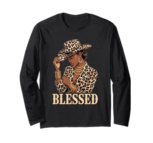 Gesegnetes Leopardenmuster Cowgirl Schwarz Frau Mode Damen Herren Langarmshirt von Bold Afro Latina Style Western Inspired Art Look