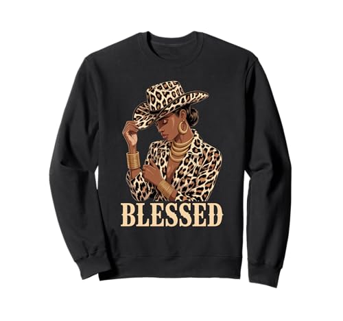 Gesegnetes Leopardenmuster Cowgirl Schwarz Frau Mode Damen Herren Sweatshirt von Bold Afro Latina Style Western Inspired Art Look