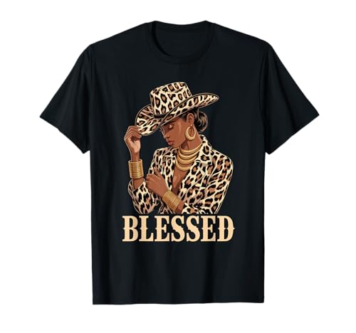 Gesegnetes Leopardenmuster Cowgirl Schwarz Frau Mode Damen Herren T-Shirt von Bold Afro Latina Style Western Inspired Art Look