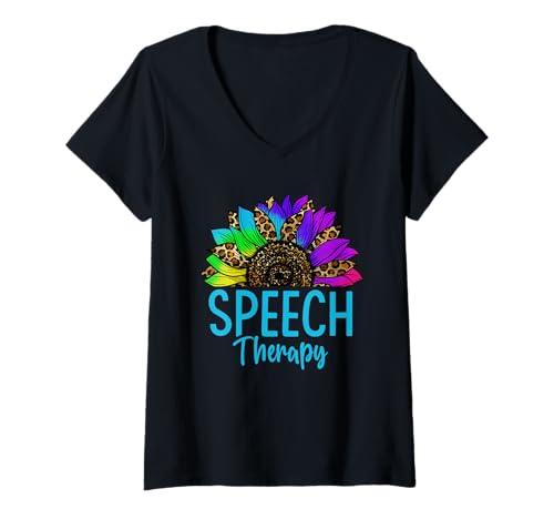 Damen Sprachtherapie, buntes Leoparden-Sonnenblumen-Design T-Shirt mit V-Ausschnitt Damen Sprachtherapie, buntes Leoparden-Sonnenblumen-Design T-Shirt mit V-Ausschnitt von Bold Bloom Therapy Apparel