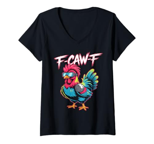 Damen F-Caw-F Cool Rooster Sonnenbrille Vibe T-Shirt mit V-Ausschnitt von Bold Colorful Chicken Humor Fun Style