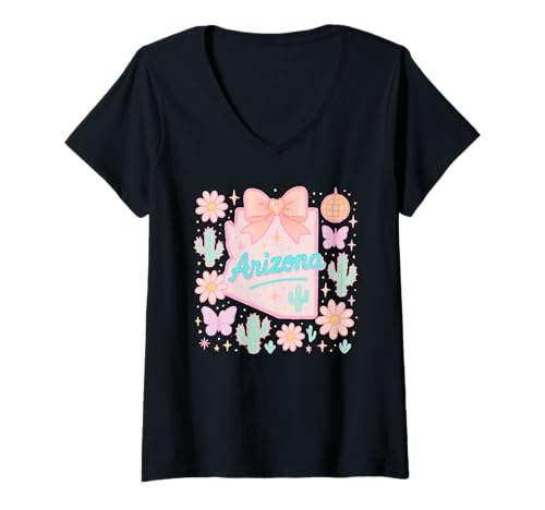 Damen Arizona Preppy State Kokettenbogen- und Kaktus-Ästhetik T-Shirt mit V-Ausschnitt Damen Arizona Preppy State Kokettenbogen- und Kaktus-Ästhetik T-Shirt mit V-Ausschnitt von Bold Coquette Collective