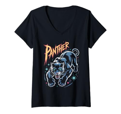 Damen Retro Black Panther Tattoo Cosmic 80er Jahre Katze Leopard Jaguar T-Shirt mit V-Ausschnitt Damen Retro Black Panther Tattoo Cosmic 80er Jahre Katze Leopard Jaguar T-Shirt mit V-Ausschnitt von Bold Fierce Panther Cosmic Retro Animal Art
