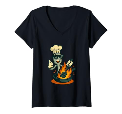 Damen Lustige Cartoon-Kochgabel mit Flammen T-Shirt mit V-Ausschnitt Damen Lustige Cartoon-Kochgabel mit Flammen T-Shirt mit V-Ausschnitt von Bold Kitchen Humor Apparel Co.