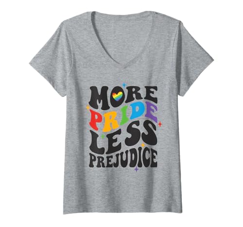 Damen More Pride Less Prejudice LGBTQ-Gleichheitshemd im Retro-Regenbogen T-Shirt mit V-Ausschnitt Damen More Pride Less Prejudice LGBTQ-Gleichheitshemd im Retro-Regenbogen T-Shirt mit V-Ausschnitt von Bold Message Equality Pride Shirt Company