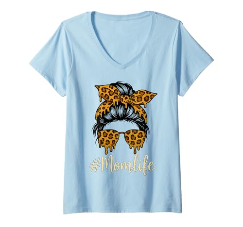 Damen Leopard Print Messy Bun Mom Life Brille Drip Frauen Mutter T-Shirt mit V-Ausschnitt Damen Leopard Print Messy Bun Mom Life Brille Drip Frauen Mutter T-Shirt mit V-Ausschnitt von Bold Mom Life Graphic Apparel for Women