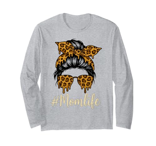 Leopard Print Messy Bun Mom Life Brille Drip Frauen Mutter Langarmshirt Leopard Print Messy Bun Mom Life Brille Drip Frauen Mutter Langarmshirt von Bold Mom Life Graphic Apparel for Women