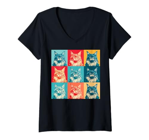 Damen Maine Coon Pop Art Bunte Katze Retro Grafik T-Shirt mit V-Ausschnitt von Bold Pet Pop Art