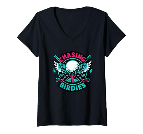 Damen Chasing Birdies Lustiges Retro-Golf-Wappen Grafik T-Shirt mit V-Ausschnitt Damen Chasing Birdies Lustiges Retro-Golf-Wappen Grafik T-Shirt mit V-Ausschnitt von Bold Retro Golf Humor Sarcastic Streetwear Apparel