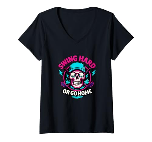 Damen Swing Hard Or Go Home Golf-Wappen-Grafik mit Totenkopf T-Shirt mit V-Ausschnitt Damen Swing Hard Or Go Home Golf-Wappen-Grafik mit Totenkopf T-Shirt mit V-Ausschnitt von Bold Retro Golf Humor Sarcastic Streetwear Apparel
