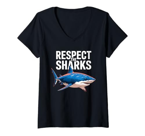 Damen Respect The Sharks Cool Ocean Design T-Shirt mit V-Ausschnitt Damen Respect The Sharks Cool Ocean Design T-Shirt mit V-Ausschnitt von Bold Shark Conservation Message Artwork
