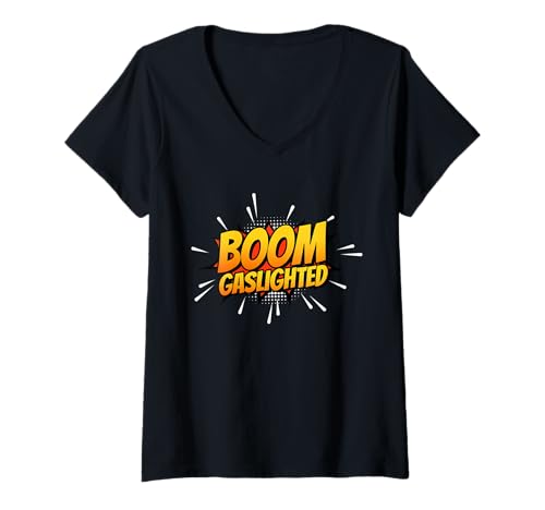 Damen Comic-Explosionsdesign „Boom Gaslight“ T-Shirt mit V-Ausschnitt Damen Comic-Explosionsdesign „Boom Gaslight“ T-Shirt mit V-Ausschnitt von Bold Statement Designs