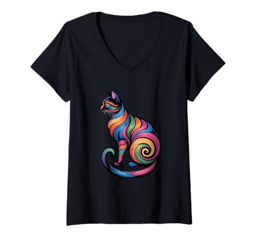 Damen Buntes wirbelndes Katzen-Design mit kräftigen, lebendigen Details T-Shirt mit V-Ausschnitt Damen Buntes wirbelndes Katzen-Design mit kräftigen, lebendigen Details T-Shirt mit V-Ausschnitt von Bold Swirling Cat Art & Colorful Vibes Animal Love