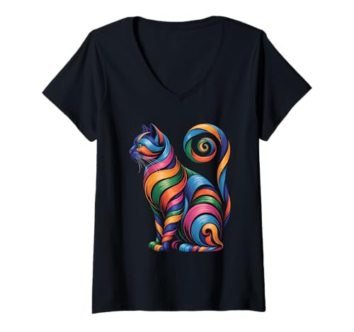 Damen Buntes wirbelndes Katzen-Design mit kräftigen, lebendigen Details T-Shirt mit V-Ausschnitt Damen Buntes wirbelndes Katzen-Design mit kräftigen, lebendigen Details T-Shirt mit V-Ausschnitt von Bold Swirling Cat Art & Colorful Vibes Animal Love