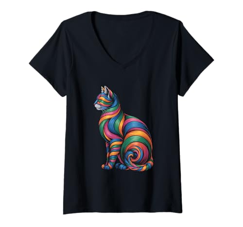 Damen Buntes wirbelndes Katzen-Design mit kräftigen, lebendigen Details T-Shirt mit V-Ausschnitt Damen Buntes wirbelndes Katzen-Design mit kräftigen, lebendigen Details T-Shirt mit V-Ausschnitt von Bold Swirling Cat Art & Colorful Vibes Animal Love