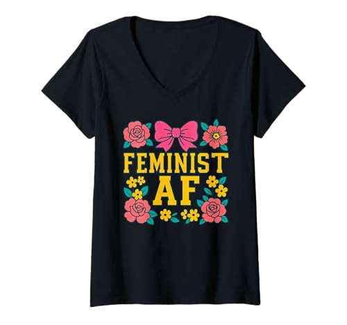 Damen Feministisches AF Bold Varsity Floral Equality Design T-Shirt mit V-Ausschnitt Damen Feministisches AF Bold Varsity Floral Equality Design T-Shirt mit V-Ausschnitt von Bold Voices Collective