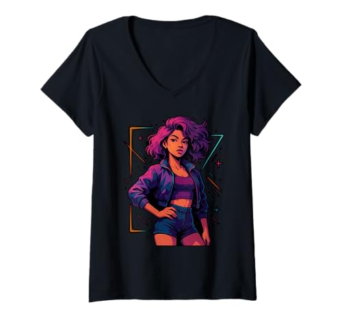 Damen Fierce Fashion Woman with Curly Hair in Vibes T-Shirt mit V-Ausschnitt von Bold and Stylish Retro Vibes for Trendsetters