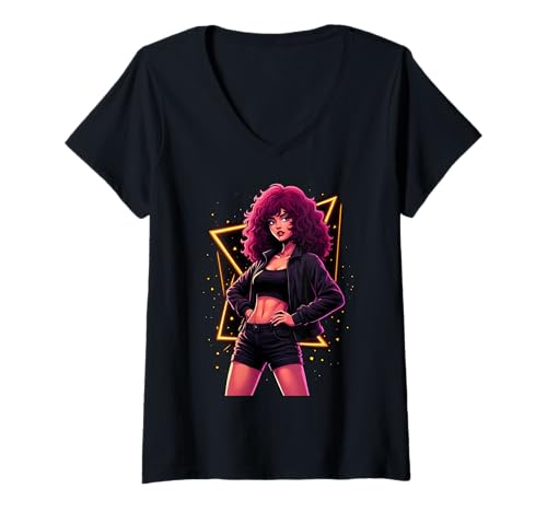 Damen Fierce Fashion Woman with Curly Hair in Vibes T-Shirt mit V-Ausschnitt Damen Fierce Fashion Woman with Curly Hair in Vibes T-Shirt mit V-Ausschnitt von Bold and Stylish Retro Vibes for Trendsetters