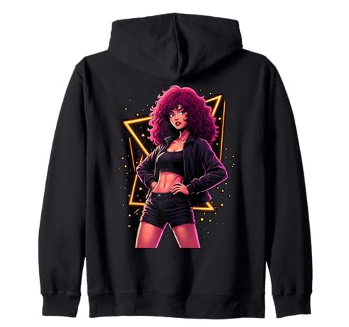Fierce Fashion Woman with Curly Hair in Vibes Kapuzenjacke von Bold and Stylish Retro Vibes for Trendsetters