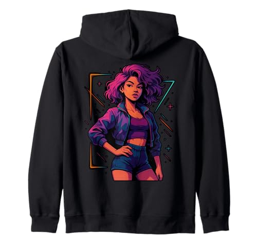 Fierce Fashion Woman with Curly Hair in Vibes Kapuzenjacke von Bold and Stylish Retro Vibes for Trendsetters