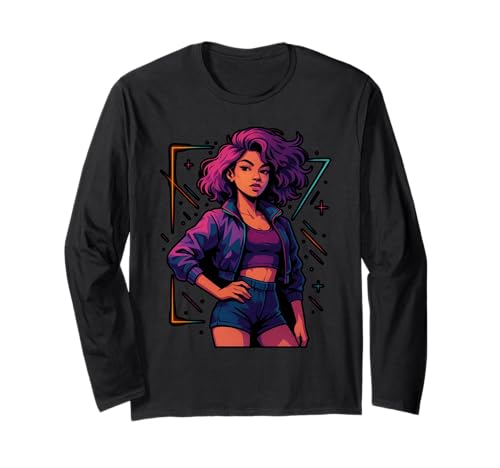 Fierce Fashion Woman with Curly Hair in Vibes Langarmshirt von Bold and Stylish Retro Vibes for Trendsetters