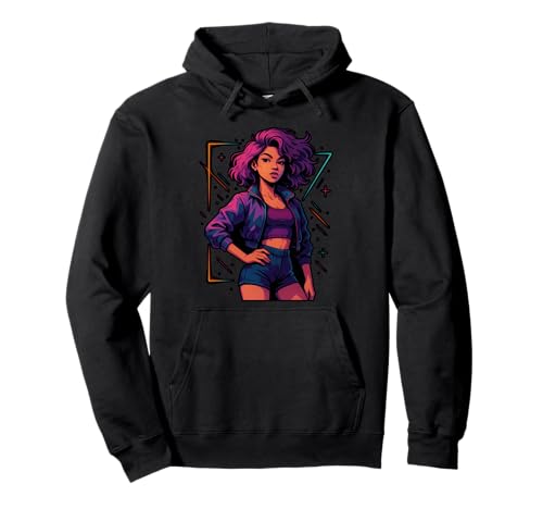 Fierce Fashion Woman with Curly Hair in Vibes Pullover Hoodie von Bold and Stylish Retro Vibes for Trendsetters