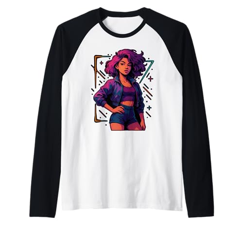 Fierce Fashion Woman with Curly Hair in Vibes Raglan Fierce Fashion Woman with Curly Hair in Vibes Raglan von Bold and Stylish Retro Vibes for Trendsetters