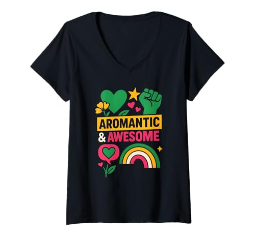 Damen Aro Pride Aromantic & Awesome Grün Schwarz T-Shirt mit V-Ausschnitt Damen Aro Pride Aromantic & Awesome Grün Schwarz T-Shirt mit V-Ausschnitt von Boldly Queer - Expressive Pride Apparel for All